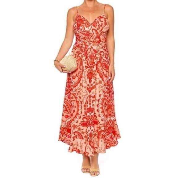 Farm Rio Jaipur Red Crossover Ruched Linen Blend Maxi Dress NWT Size Extra Small - Picture 1 of 7
